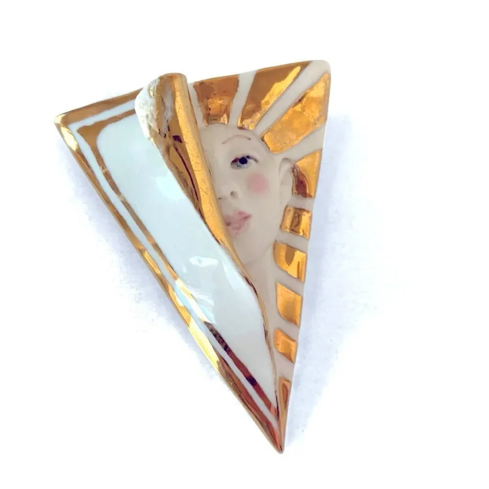 Vintage Artisan Ceramic Lady Face Brooch